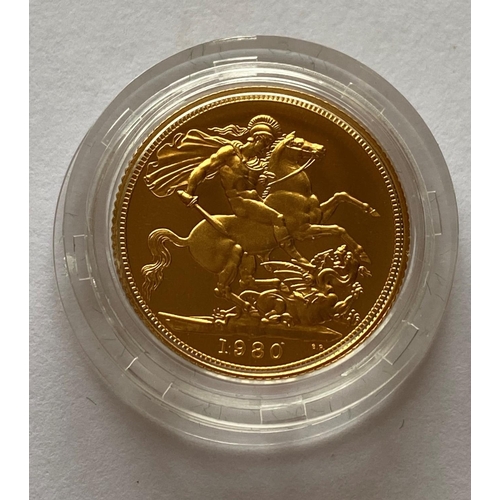 1221 - A PROOF SOVEREIGN. A Queen Elizabeth II Proof Sovereign dated 1980, in capsule and Royal Mint packag... 