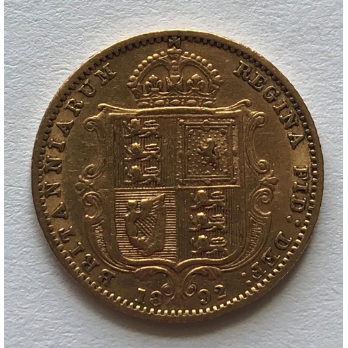 1233 - A VICTORIAN HALF SOVEREIGN. A Victorian half sovereign, jubilee bust l, shield reverse, dated 1892.... 