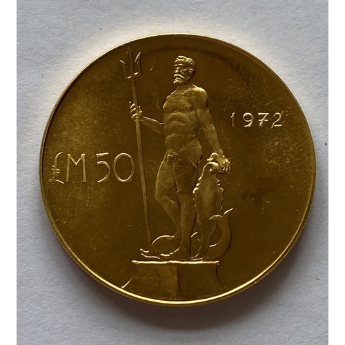 1250 - A MALTESE £50 GOLD COIN. A Maltese £50 gold coin with a statue of Neptune to the reverse, dated 1972... 