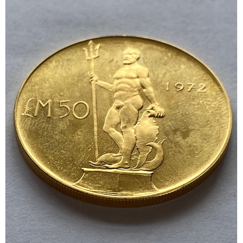 1250 - A MALTESE £50 GOLD COIN. A Maltese £50 gold coin with a statue of Neptune to the reverse, dated 1972... 