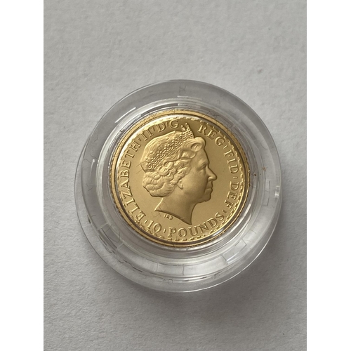 1256 - A 2002 GOLD PROOF BRITANNIA £10 COIN. A 2002 Britannia £10 coin, 3.41g, encapsulated and in Royal Mi... 