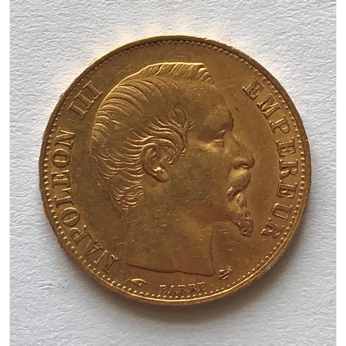 1258A - A NAPOLEON III 20 FRANC GOLD COIN. A Napoleon III 20 Franc gold coin dated 1858, mint mark A for Par... 