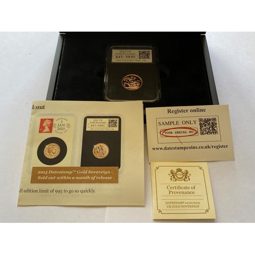 1265 - A 2015 'DATE STAMPED' SOVEREIGN. A Queen Elizabeth II Gold Sovereign, proof contained in a capsule a... 