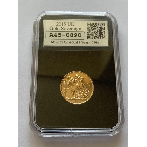 1265 - A 2015 'DATE STAMPED' SOVEREIGN. A Queen Elizabeth II Gold Sovereign, proof contained in a capsule a... 