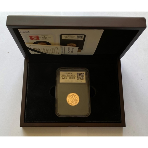 1265 - A 2015 'DATE STAMPED' SOVEREIGN. A Queen Elizabeth II Gold Sovereign, proof contained in a capsule a... 