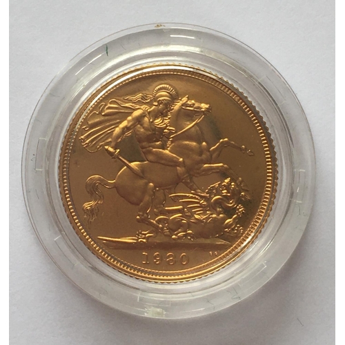 1289A - A PROOF SOVEREIGN. An Elizabeth II Proof Sovereign dated 1980, in Riyak Mint case and capsule.