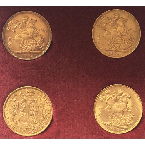 1291 - A PRESENTATION SET OF FOUR VICTORIAN SOVEREIGNS. Sovereigns, 'Young Head' 'Jubilee Head' and two 'Dr... 