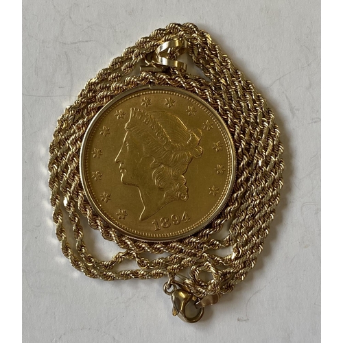 1295 - AN AMERICAN 20 DOLLAR GOLD COIN. A U.S.A. 20 Dollar gold coin dated 1894, in a loose fitting 14ct mo... 