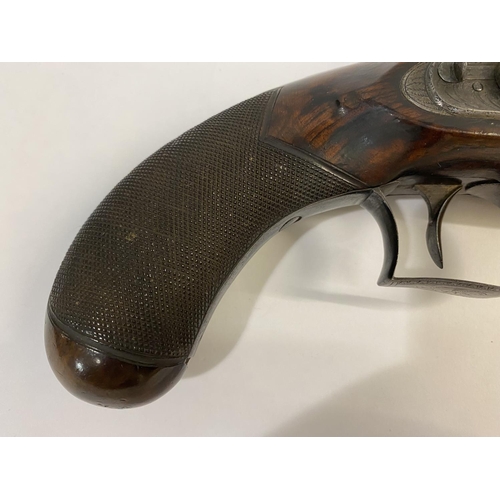 501 - A FINE FLINTLOCK PISTOL BY WILLIAM CHANCE AND SON. With a 15cm octagonal Damascus barrel with blued ... 