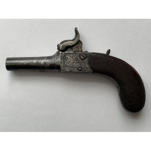 502 - A 19TH CENTURY WAISTCOAT PISTOL. A small percussion action pistol with a 3.5cm screw off barrel, the... 