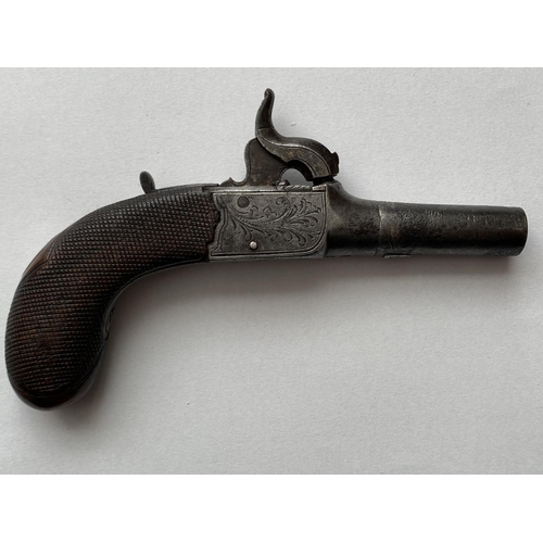 502 - A 19TH CENTURY WAISTCOAT PISTOL. A small percussion action pistol with a 3.5cm screw off barrel, the... 