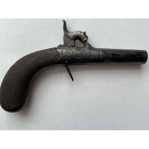 505 - A 19TH CENTURY WAISTCOAT PISTOL. A small percussion action pistol with a 4cm screw off barrel, the c... 