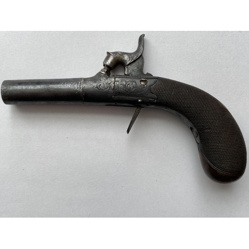 505 - A 19TH CENTURY WAISTCOAT PISTOL. A small percussion action pistol with a 4cm screw off barrel, the c... 