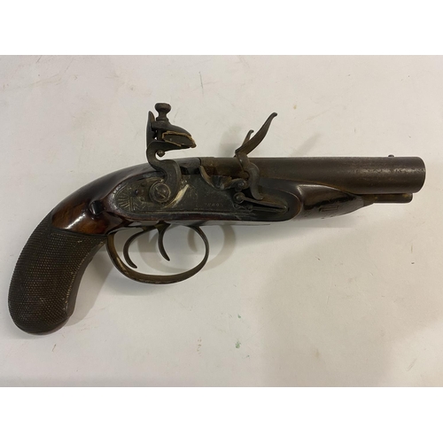 507 - A 19TH CENTURY CONTINENTAL STYLE DOUBLE BARREL PISTOL. An unusual double barrel flint lock pistol wi... 