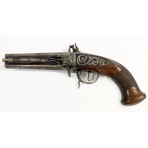 517 - AN UNUSUAL WENDER 90 BORE FLINTLOCK PISTOL. With two 13cm circular tapering barrels with enclosed pa... 