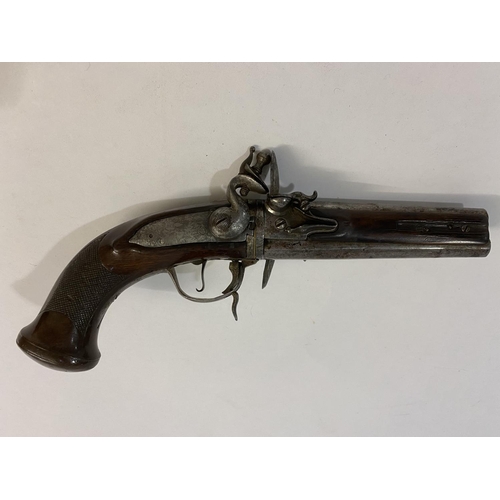 517 - AN UNUSUAL WENDER 90 BORE FLINTLOCK PISTOL. With two 13cm circular tapering barrels with enclosed pa... 