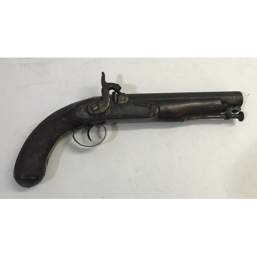 519 - A 19TH CENTURY PERCUSSION CAP FIRING PISTOL. The pistol with a 17.5cm barrel and underslung pivoting... 