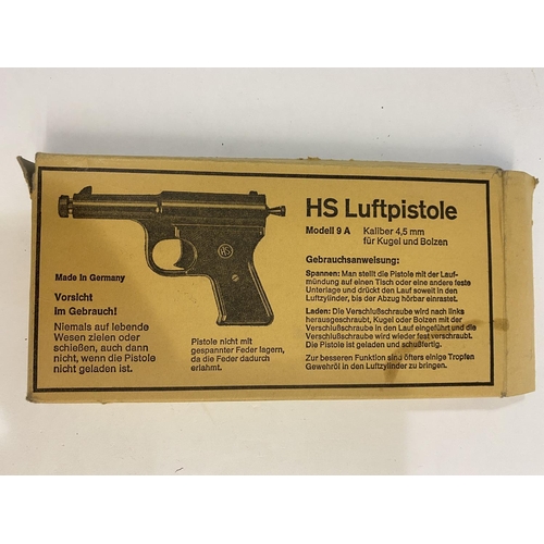 560 - AN HS MODEL 9 177 AIR PISTOL IN ORIGINAL BOX. With a compressing barrel, marked to the side 'Made in... 