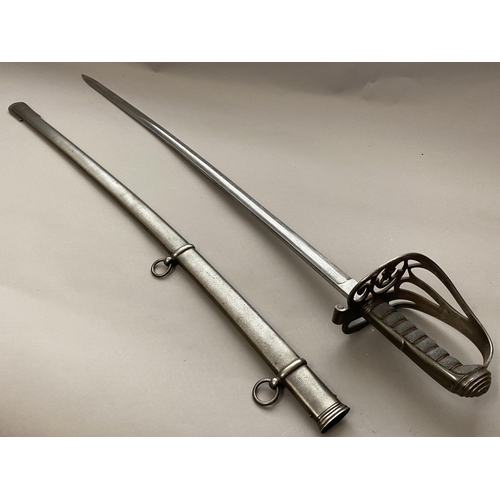 573 - AN 1827 PATTERN RIFLE OFFICERS SWORD AND SCABBARD. With an 83cm curved blade with double edged spear... 