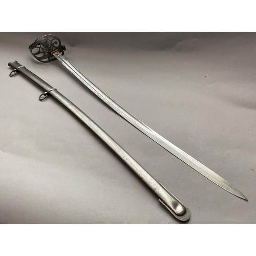 573 - AN 1827 PATTERN RIFLE OFFICERS SWORD AND SCABBARD. With an 83cm curved blade with double edged spear... 