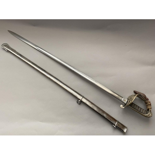 575 - AN 1845 PATTERN INFANTRY OFFICERS SWORD AND SCABBARD. With an 83cm slightly curved, pointed and full... 