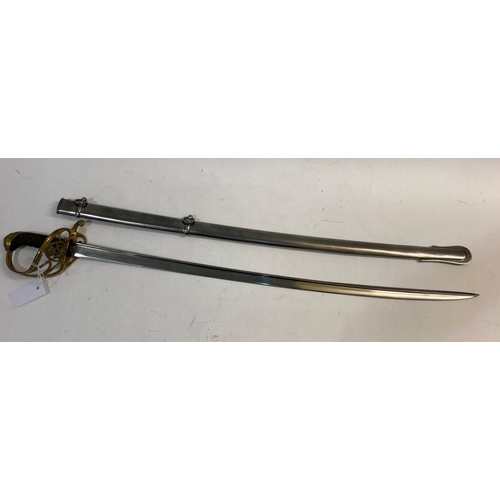 583 - AN 1822 PATTERN INFANTRY OFFICERS SWORD AND SCABBARD. With an 82cm long unmarked slightly curved pip... 