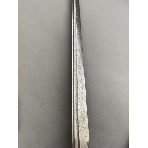 592 - A GEORGE V SWORD AND SCABBARD, POSSIBLY ROYAL ARTILLERY OFFICERS. With an 89cm straight pointed and ... 