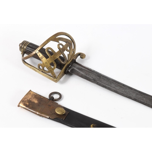 606 - AN EARLY STIRRUP HILTED HANGER, POSSIBLY FOR A WARRANT OFFICER. With a 65.5cm curved partially fulle... 