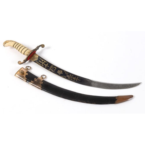 607 - AN IVORY HANDLED NAVAL DIRK. With a 36cm curved pointed blade with blued and gilt decoration of a ro... 