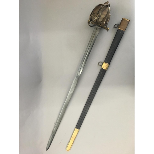 608 - A 1798 PATTERN OFFICERS HIGHLAND BASKET HILTED BROADSWORD. With an 81cm pointed, double sided and pa... 