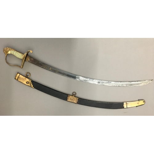 613 - A GRENADIER COMPANY STIRRUP HILT SABRE. With a 76cm curved, pointed and fullered blade decorated in ... 