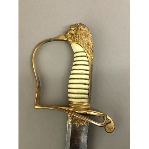 613 - A GRENADIER COMPANY STIRRUP HILT SABRE. With a 76cm curved, pointed and fullered blade decorated in ... 