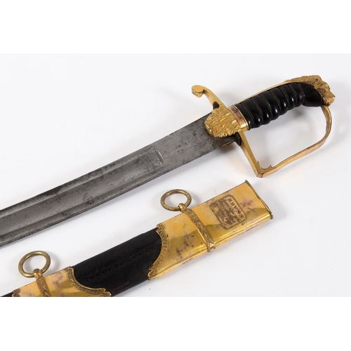 617 - AN EARLY 19TH CENTURY STIRRUP-HILTED SABRE AND SCABBARD. With a 70cm broad curved blade with tripple... 