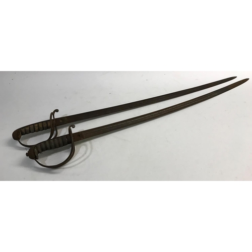 622 - TWO SIMILAR 1821/2 PATTERN CAVALRY OFFICER'S SWORDS. The first with an 88cm partially fullered point... 