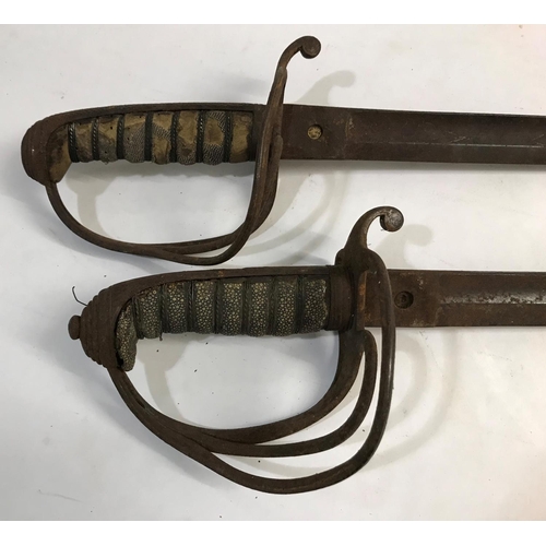 622 - TWO SIMILAR 1821/2 PATTERN CAVALRY OFFICER'S SWORDS. The first with an 88cm partially fullered point... 