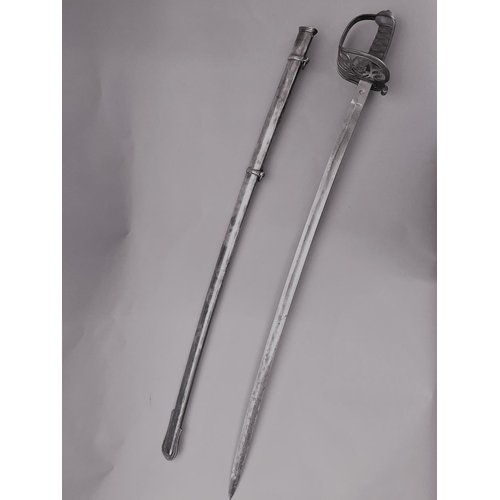 624 - AN 1827 PATTERN RIFLE OFFICERS SWORD AND SCABBARD. With an 82cm slightly curved fullered blade with ... 