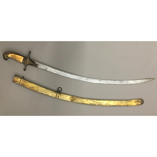 627 - A 19TH CENTURY TURKISH MAMELUKE SWORD AND SCABBARD. The 67cm curved and fullered blade with a sharpe... 