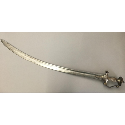 651 - A 19TH CENTURY INDIAN TULWAR TYPE SWORD. With a 78cm curved and fullered blade with sharpened edge, ... 