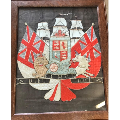 691 - A VICTORIAN NAVAL NEEDLEWORK PANEL. The panel finely worked with a central Royal Coat of Arms with R... 