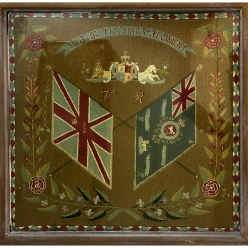 692 - A VICTORIAN WOOL WORK REGIMENTAL CREST THE 'KINGS' REGIMENT. A finely worked wool work picture of cr... 