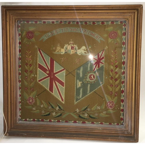 692 - A VICTORIAN WOOL WORK REGIMENTAL CREST THE 'KINGS' REGIMENT. A finely worked wool work picture of cr... 