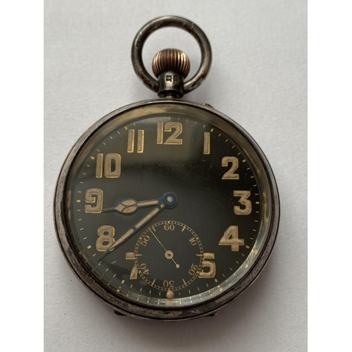 753 - A SILVER CASED ARMY ISSUE POCKET WATCH. An open faced pocket watch, the black dial with seconds dial... 