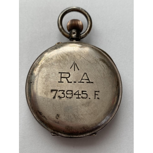 753 - A SILVER CASED ARMY ISSUE POCKET WATCH. An open faced pocket watch, the black dial with seconds dial... 