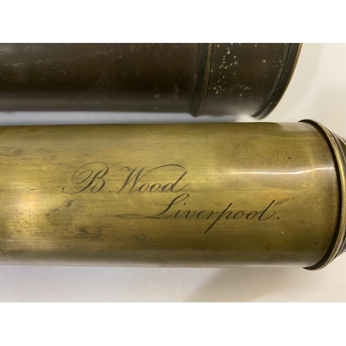 778 - A LEATHER MOUNTED TELESCOPE BY B. WOOD OF LIVERPOOL. 41cm closed with lens shade and 2 draw body wit... 