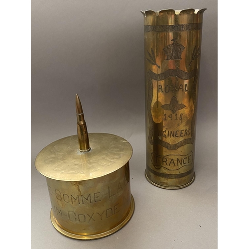 786 - FIRST WORLD WAR TRENCH ART. A shell engraved with a crown and 'Royal Engineers France 1918, with fla... 