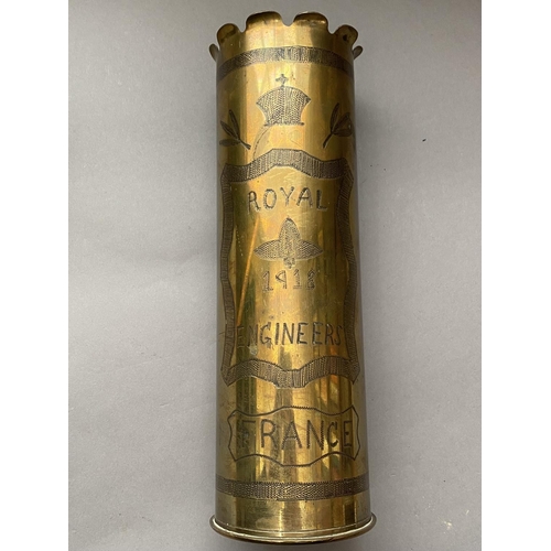 786 - FIRST WORLD WAR TRENCH ART. A shell engraved with a crown and 'Royal Engineers France 1918, with fla... 