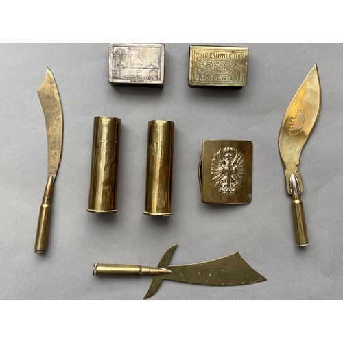 787 - TRENCH ART AND SIMILAR ITEMS. Three trench art letter openers with bullet handles and shaped blades,... 