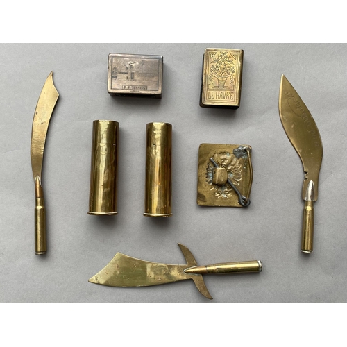 787 - TRENCH ART AND SIMILAR ITEMS. Three trench art letter openers with bullet handles and shaped blades,... 