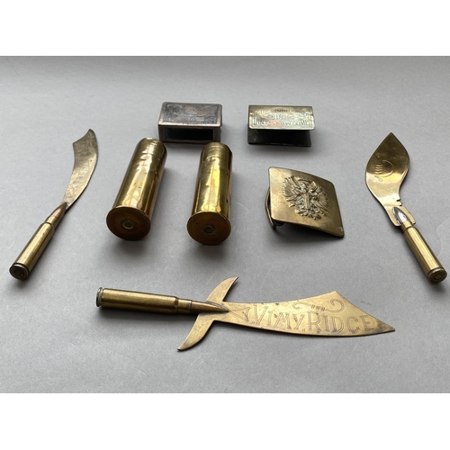 787 - TRENCH ART AND SIMILAR ITEMS. Three trench art letter openers with bullet handles and shaped blades,... 