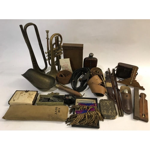 816 - A COLLECTION OF MILITARIA AND OTHER ITEMS. Two folding caps, brass, bugle, cornet, a quantity of lit... 